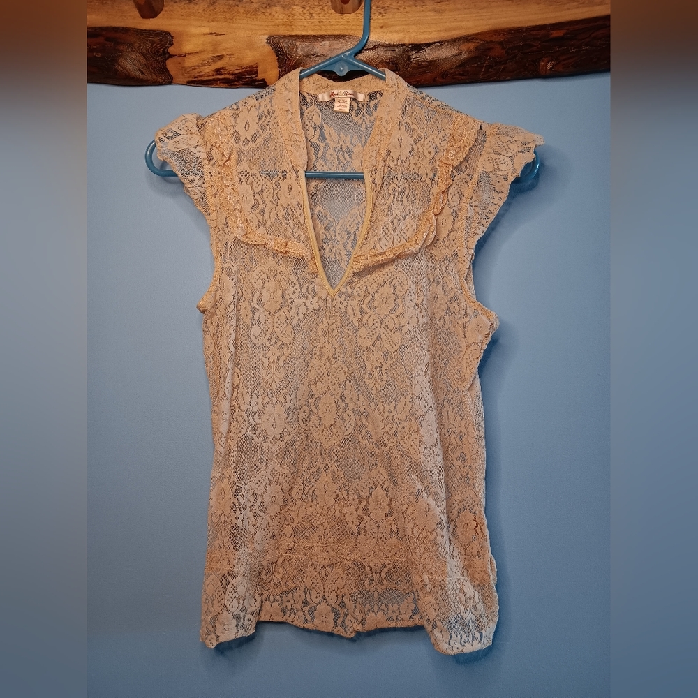 Miss Bison Sheer Lace Blouse - Beige - Small - Made in USA